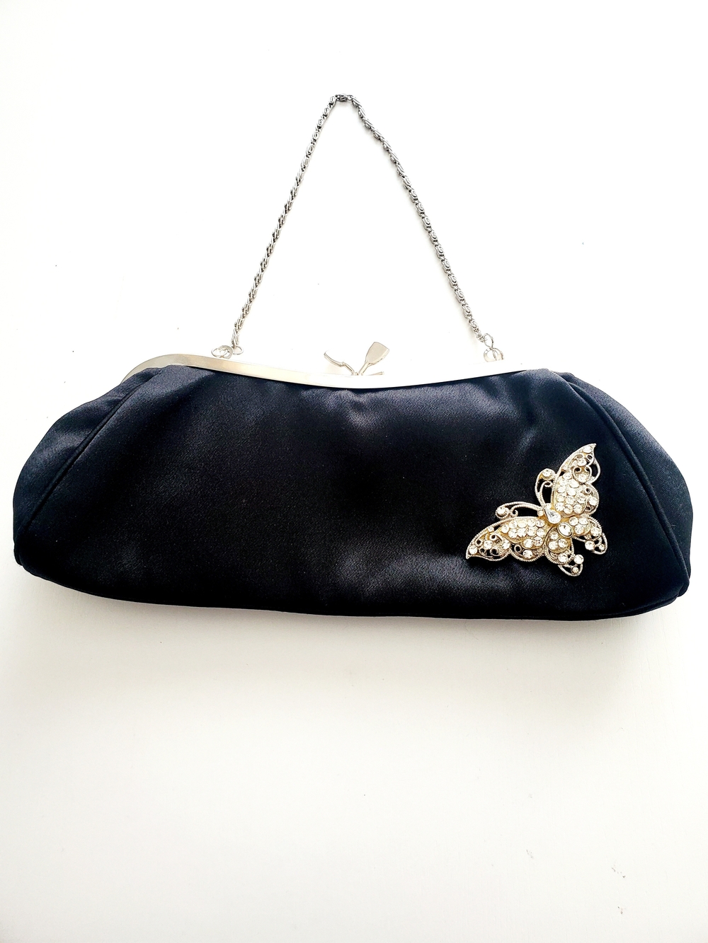 Black Satin Evening Clutch with Butterfly Accent